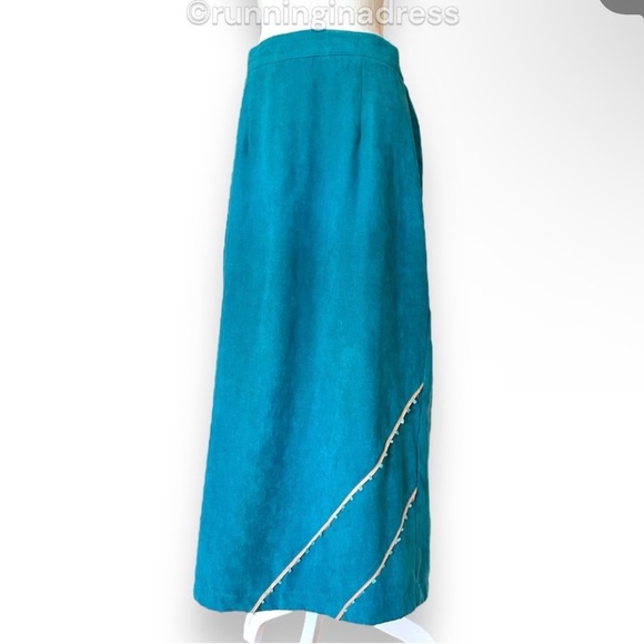 Vintage New Frontier Teal Suede 2-Piece Set Beaded Shirt Jacket & Midi Skirt L - Picture 10 of 16